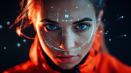 Futuristic woman with high-tech facial overlay showcasing advanced technology and digital enhancements in a dark environment