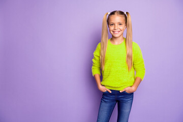 Portrait of sweet cute kid enjoy summer weekends put hands pocket wear casual style clothing isolated over purple color background