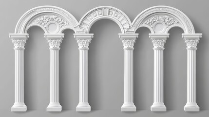 Fototapeta premium White clay ancient Roman arch with ornate designs. Realistic 3D vector illustration set of Greek stone pillars for temple building doors or windows. Classic antique architectural archway.