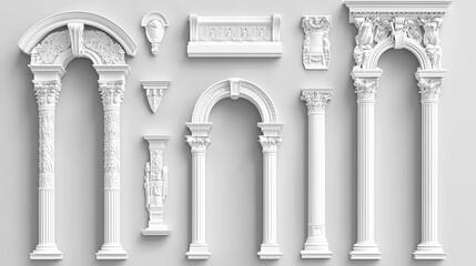 White clay ancient Roman arch with ornate designs. Realistic 3D vector illustration set of Greek stone pillars for temple building doors or windows. Classic antique architectural archway.
