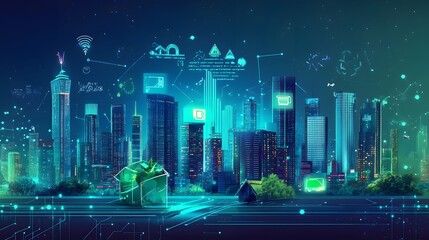 Futuristic Smart City Skyline with Sustainable Waste Management System
