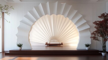 White paper arch set in an empty Asian-style living room