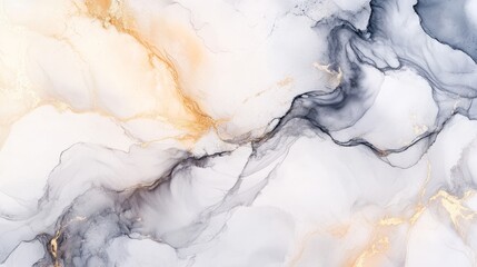White marble with light gray streaks makes a modern abstract background. Alcohol ink spills on the floor are like flowing watercolor.