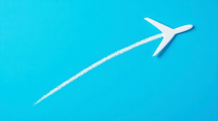 Fototapeta premium Minimalist airplane silhouette flying against a bright blue background with a white trail representing flight path.