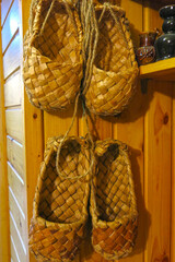 peasant wooden bast shoes made of birch bark