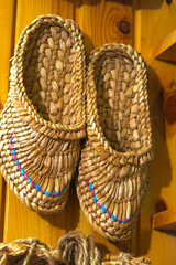 peasant wooden bast shoes made of birch bark