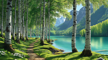Sunny landscape of a birch forest with greenery and sunlight streaming through the trees. Lake
