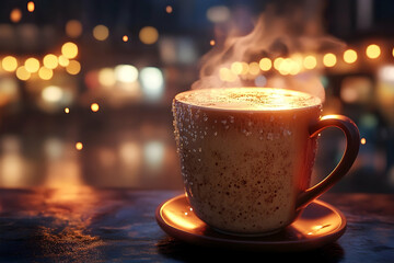 Obraz premium Cozy Coffee Moment, A Cup of Warmth in a Glowing Ambience Display