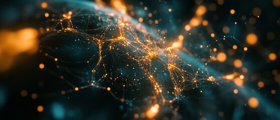 Glowing networks of golden particles float in a dark space, symbolizing connectivity and data in an abstract digital universe.