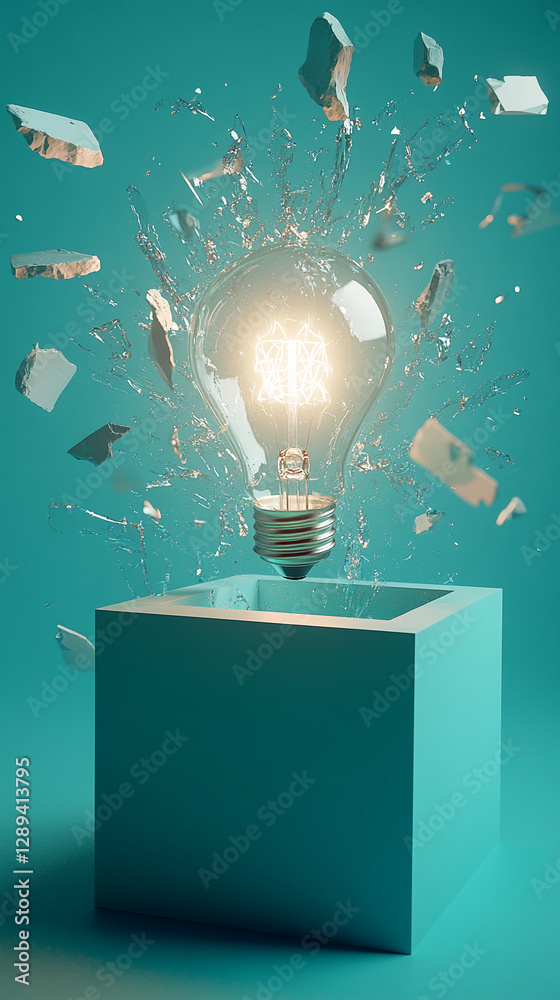 Poster creative concept of an exploding lightbulb with flying rocks and water splashes, symbolizing innovat