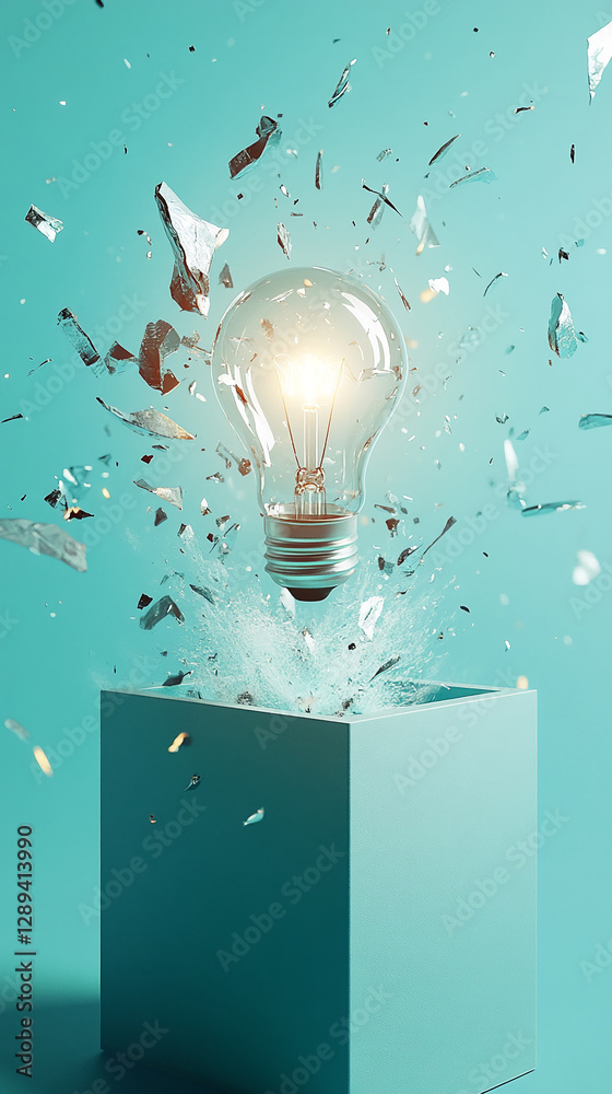 Poster a broken lightbulb surrounded by flying glass shards and water splashes, symbolizing a burst of crea
