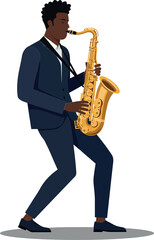 Naklejka premium A talented musician playing a golden saxophone in a sleek black suit, showcasing a lively and energetic performance in flat vector art
