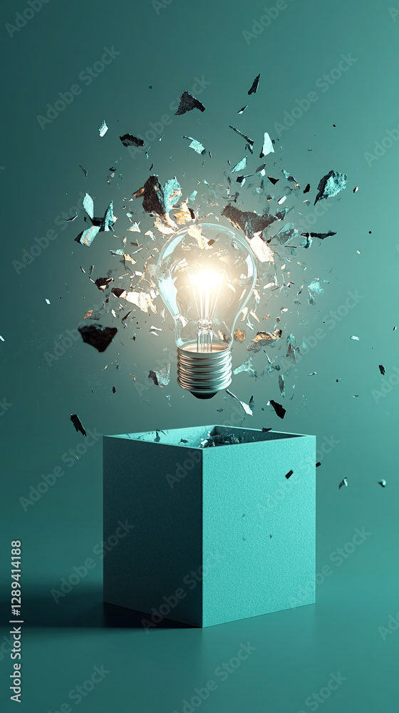 Poster a lightbulb exploding into shards of glass, with water splashing from the impact, symbolizing creati