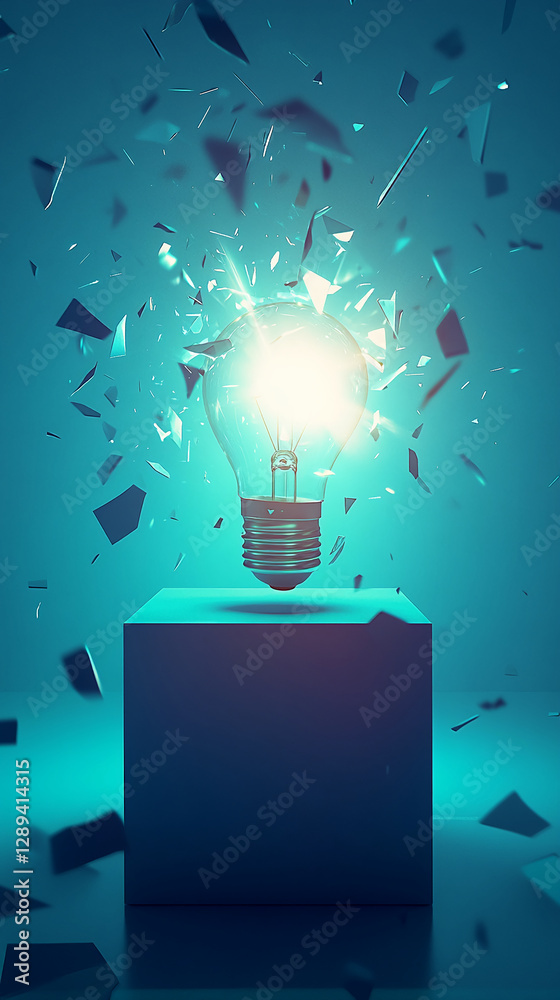 Aufkleber A lightbulb exploding into pieces of shattered glass with glowing light, symbolizing creativity, energy, and the breaking of limits in a dynamic, modern design.