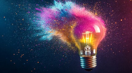 Vibrant paint splashes erupting from light bulb  a symbol of innovation and creative energy