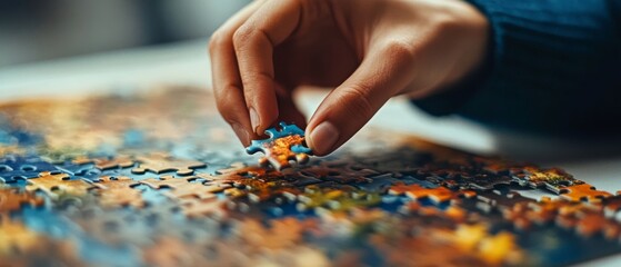 A hand carefully places a puzzle piece into a colorful, partially completed jigsaw, symbolizing creativity and patience with vibrant autumn hues.