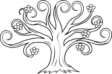 A whimsical tree with abstract floral canopy line art book vector design whimsical tree, abstract flowers, floral canopy, line art tree, botanical illustration, fantasy tree, intricate branches