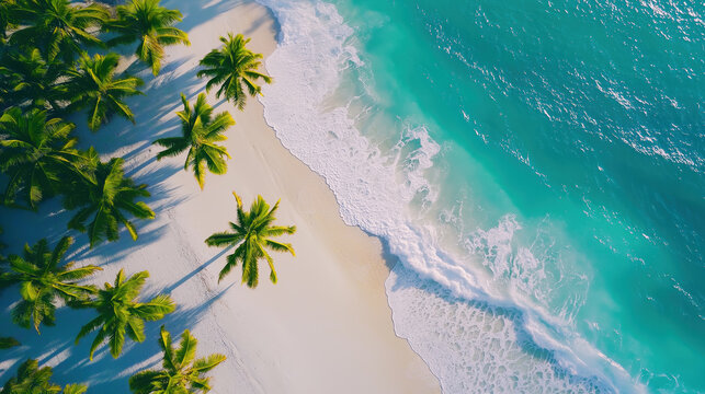 Summer background beautiful beach aqua sea coconut palm trees white sand top view. - Powered by Adobe