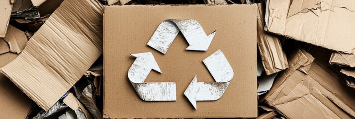 A textured cardboard box with a white recycling symbol surrounded by corrugated cardboard, representing the theme of recycling and sustainability in modern life.