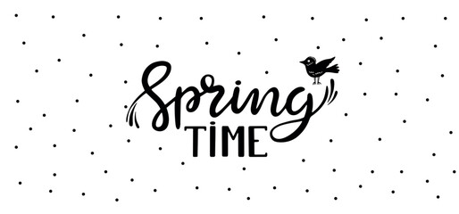 Black spring lettering background. Doodle bird and dots, handwritten seasonal phrase. Invitation, poster or ad banner abstract vector template