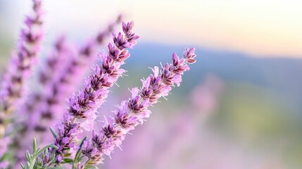 Fototapeta premium Blooming purple lavender flowers close up in a sunny field during warm sunset light.