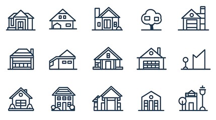 Fototapeta premium Houses flat line icons set. Home page button, residential building, country cottage, apartment vector illustrations. Outline simple signs for real estate. Pixel perfect 64x64. Editable Strokes Houses 