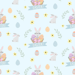A simple Easter pattern in a flat style with bunnies, eggs and flowers arranged in a repeating design. Background for textiles, fabrics, cotton fabric, covers, wallpaper, print, gift wrapping, cards.