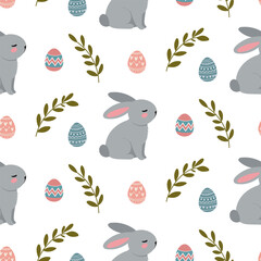 A simple Easter pattern in a flat style with bunnies, eggs and flowers arranged in a repeating design. Background for textiles, fabrics, cotton fabric, covers, wallpaper, print, gift wrapping, cards.