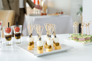 Many different tasty canapes on white table. Woman enjoying buffet meals indoors, closeup