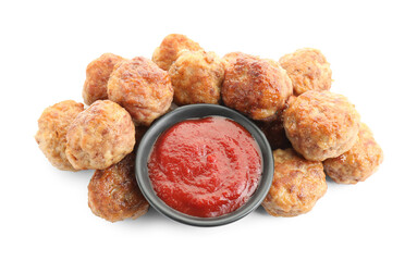Pile of delicious meatballs and bowl with ketchup isolated on white, above view