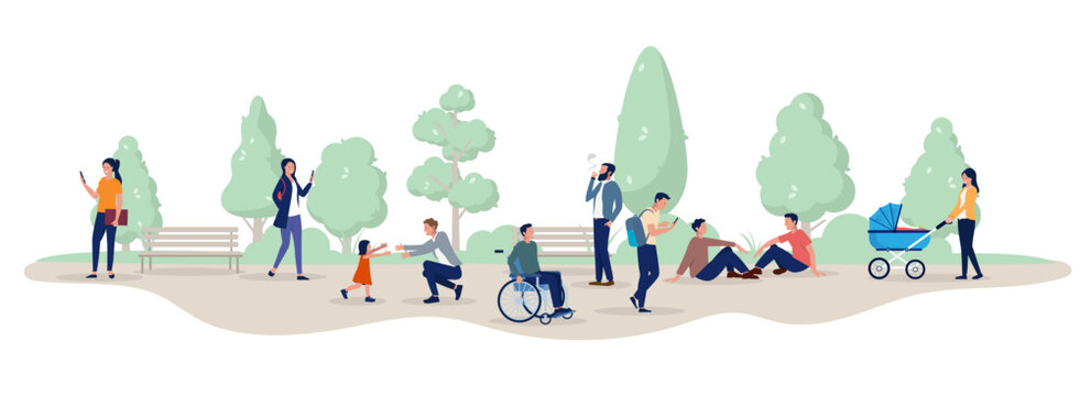 Happy people in public park - Group of men and women vector characters outdoors in nature enjoying leisure time and recreational activities. Flat design illustration