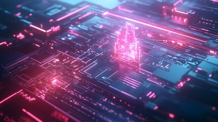 Futuristic Neon Circuit Board Design with Glowing Geometric Patterns