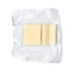 Cut block of fresh butter isolated on white, top view