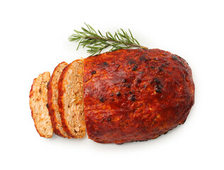 Delicious turkey meatloaf with rosemary isolated on white, top view