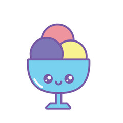 Cute cartoon vector illustration of a smiling ice cream sundae in a colorful bowl with three scoops, perfect for summer dessert themes and kawaii designs