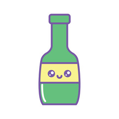 Cute vector illustration of a green cartoon bottle with a happy kawaii face and purple outline, perfect for adorable packaging or kids’ designs