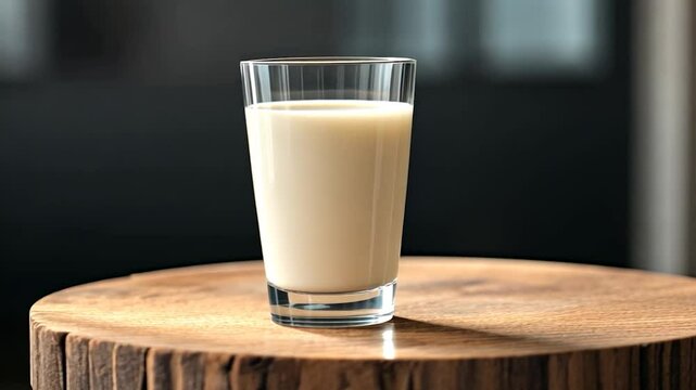Milk glass, wooden table, sunlit room, healthy drink