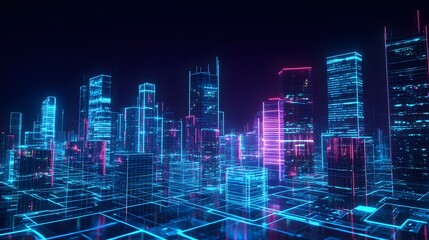 Fototapeta premium Futuristic Smart City with AI Driven Businesses Illuminated by Neon Lights at Night
