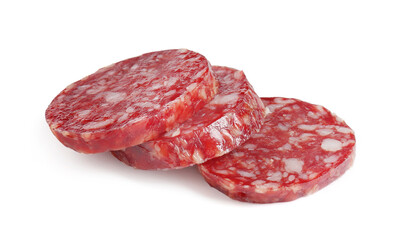 Pieces of delicious dry cured sausage isolated on white