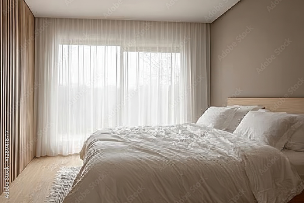 Poster relaxing bedroom with soft sunlight filtering through sheer curtains in a modern home setting