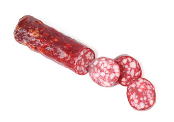 Delicious dry cured sausage isolated on white, top view
