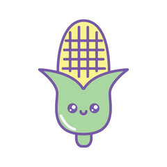 Cute vector illustration of a kawaii corn on the cob with a smiling face, green husk and yellow kernels, outlined in purple, perfect for farm, food, or vegetable-themed adorable designs