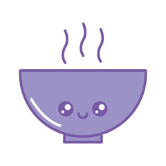 Cute vector illustration of a steaming kawaii bowl with a smiling face in purple tones, perfect for cozy food, soup, or comfort meal-themed designs