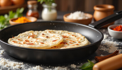 Delicious chapatis cooking on skillet in inviting kitchen, culinary art