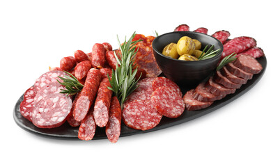 Different smoked sausages and other snacks isolated on white
