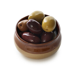 Delicious marinated olives in bowl isolated on white