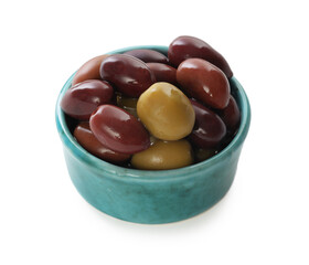 Delicious marinated olives in bowl isolated on white
