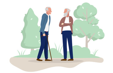Old friends - Two senior retired men meeting outdoors getting fresh air and talking together. Flat design vector illustration