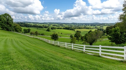 Fototapeta premium White wooden fence runs along a vibrant green rolling hill pasture under a blue sky with fluffy white clouds.