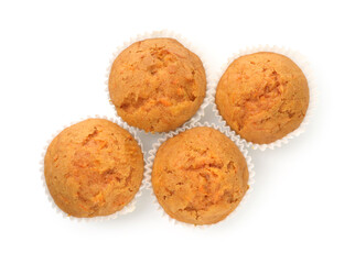 Tasty carrot muffins isolated on white, top view